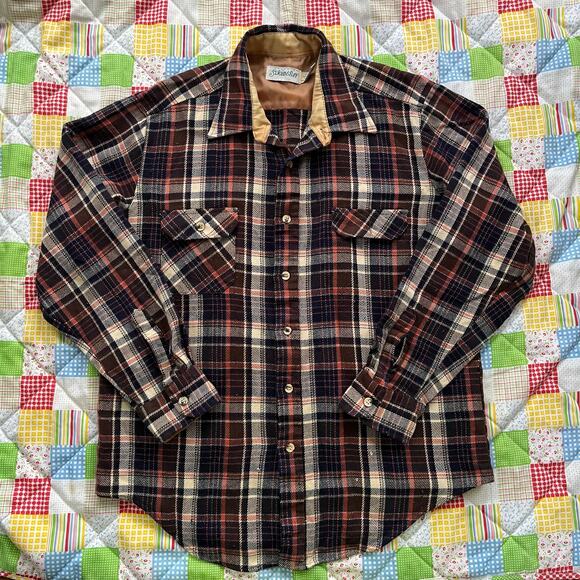 Vintage 80s Mens Brown Plaid Flannel Hunting Shirt // Size Large‎ - Picture 1 of 6